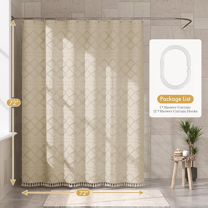 AmazerBath Boho Farmhouse Shower Curtain with Tassels, Soft Cloth Chevron Beige Shower Curtain Set, Fabric Diamond Stripes Rustic Shower Curtain with Hooks, Hotel Quality, 72x72 Inches
