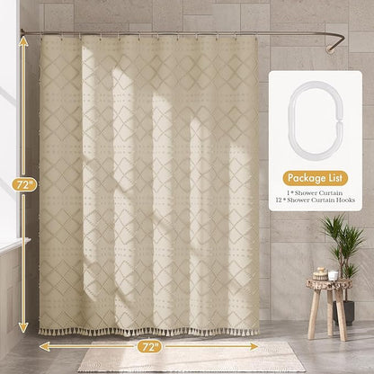 AmazerBath Boho Farmhouse Shower Curtain with Tassels, Soft Cloth Chevron Beige Shower Curtain Set, Fabric Diamond Stripes Rustic Shower Curtain with Hooks, Hotel Quality, 72x72 Inches