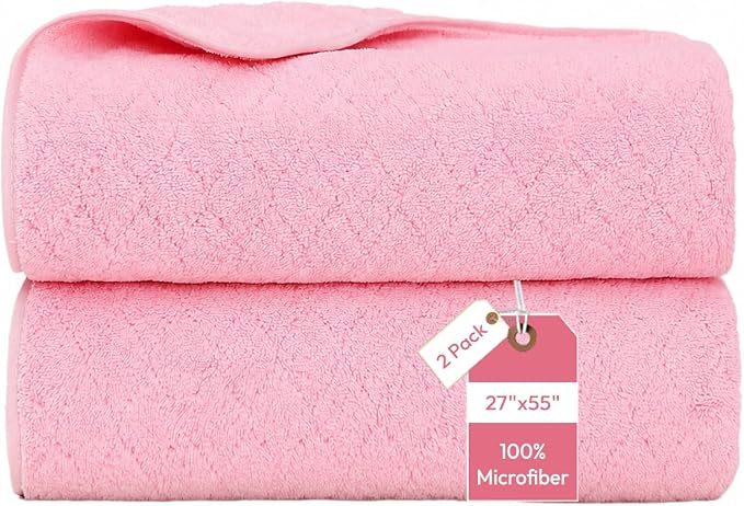 JML Bath Towels with Hanging Loop, 2 Pack, 27x55 in, Microfiber, Pink | Soft, Super Absorbent, Quick Dry, Lint-Free & Fade-Resistant, Lightweight Bathroom Towel for Daily Use