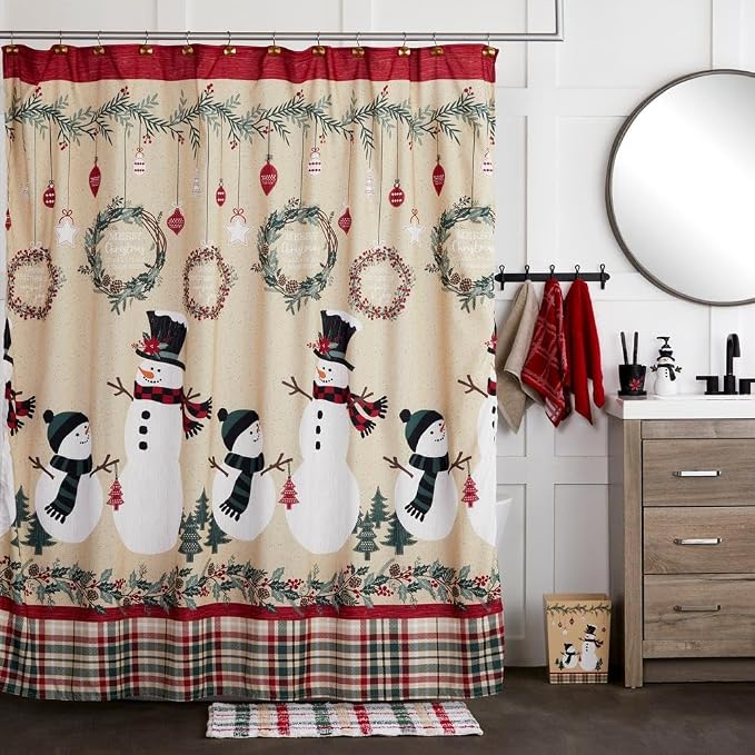 SKL Home Christmas/Winter Rustic Plaid Snowman Bath Towel, Wheat | 100% Cotton. 500 GSM. Soft & absorbent terry with embroidery. Great for holiday gifting.