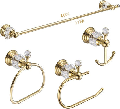 4 Pcs Polished Gold Crystal Bathroom Accessories Set with Adjustable Towel Bar & Semicircular Towel Ring & Toilet Paper Holder & Robe Hook, Luxury Vintage Bath Hardware Fixture Set (style 9)