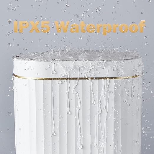 ELPHECO Bathroom Trash Can with Lid, 2 Gallon, Motion Sensor, White Gold | Automatic Garbage Can, IPX5 Waterproof Plastic Wastebasket, Trash Bin for Bathroom, Bedroom, Kitchen and Office