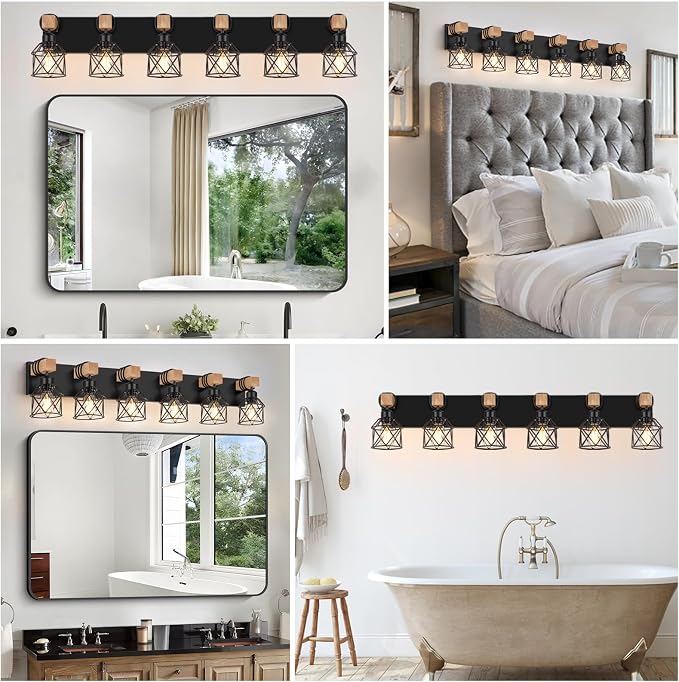 FadimiKoo 6-Light Bathroom Vanity Light, Bathroom Wall Lamps Over Mirror | Rustic Wood & Black Metal Shade, Wood Black Vanity Lights Over Mirror, Wall Sconces for Bathroom Bedroom Living Room