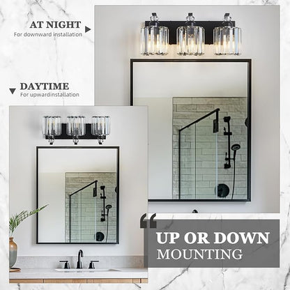 3-Light Black Bathroom Light Fixture Modern Vanity Lights Over Mirror Vintage Wall Sconce Lighting for Bathroom, Bedroom, Living Room, Hallway E26 Base with Crystal Bathroom Vanity Light