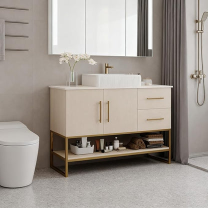 48" Bathroom Vanity with Sink, Modern Free-Standing Bathroom Vanity Cabinet with Ceramic Sink&1 Cabinet&2 Drawers&1 Open Shelf, Single Sink Wood Bathroom Vanities Set,White Oak