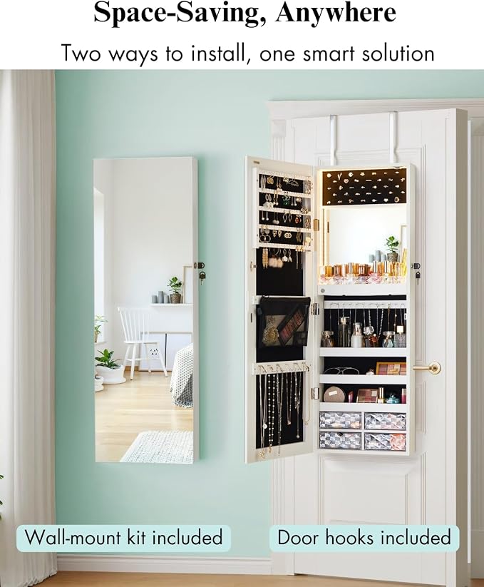 LUXFURNI Wall & Door‑Mounted Storage Jewelry Armoire Cabinet with Mirror | Built‑in LED Mirror, Acrylic Lipstick Tray, 4 Clear Drawers, Large Velvet‑Lined Storage, Wall & Door‑Mounted, Lockable