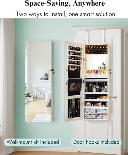 LUXFURNI Wall & Door‑Mounted Storage Jewelry Armoire Cabinet with Mirror | Built‑in LED Mirror, Acrylic Lipstick Tray, 4 Clear Drawers, Large Velvet‑Lined Storage, Wall & Door‑Mounted, Lockable