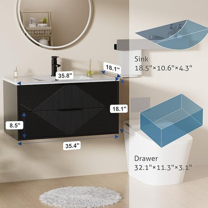 LUCKWIND 36" Floating Bathroom Vanity with Sink Combo, Wall Mounted Floating Cabinet with 2 Large Soft-Close Drawers & Water Saving Faucet, Geometric Textured Design in Black