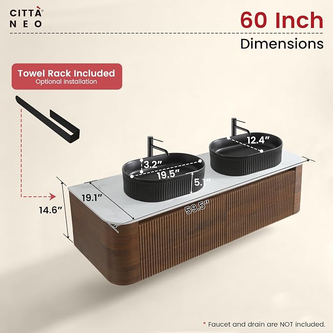 60" Floating Bathroom Vanity with Double Black Sink, Walnut | Pre-Assembled Fluted Wall Mounted Double Sink Vanity with Sintered Stone Countertop, Soft-Close Drawers & Towel Rack
