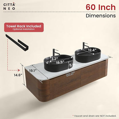 60" Floating Bathroom Vanity with Double Black Sink, Walnut | Pre-Assembled Fluted Wall Mounted Double Sink Vanity with Sintered Stone Countertop, Soft-Close Drawers & Towel Rack