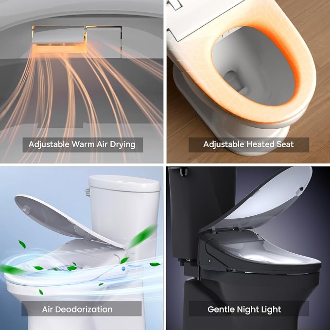 R&T V303 Electric Bidet Seat, Auto-Open Elongated Toilet Seat, Instant Warm Water, Adjustable Heated Seat, Air Dryer, Night Light, Remote Control, Bidet Attachment for Toilet
