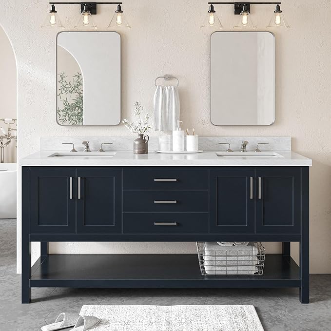 ARIEL Magnolia 72-inch Bathroom Vanity with Sink,Solid Wood, 1.5-inch Italian Carrara Marble Countertop, Double Rectangular Porcelain Sink, 4 Soft Closing Doors, 3 Dovetail Drawers, Midnight Blue