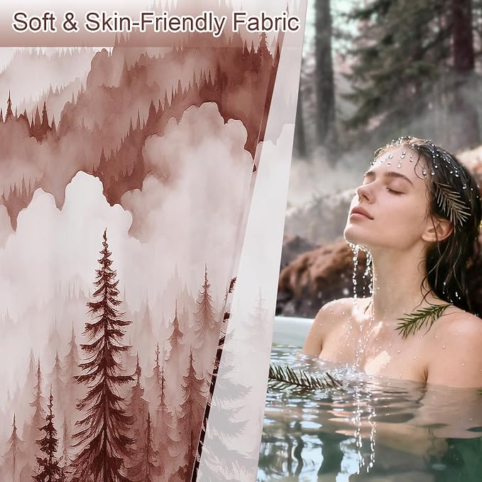 Litabel Burgundy Small Stall Misty Pine Forest Shower Curtain 36 x 72, Mountain Foggy Woodland Scenery Tree Narrow Half Size Shower Curtains for Bathroom, Abstract Waterproof Nature-Themed Decor