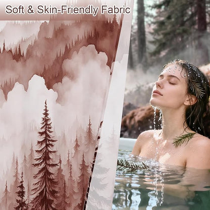 Litabel Burgundy Small Stall Misty Pine Forest Shower Curtain 36 x 72, Mountain Foggy Woodland Scenery Tree Narrow Half Size Shower Curtains for Bathroom, Abstract Waterproof Nature-Themed Decor