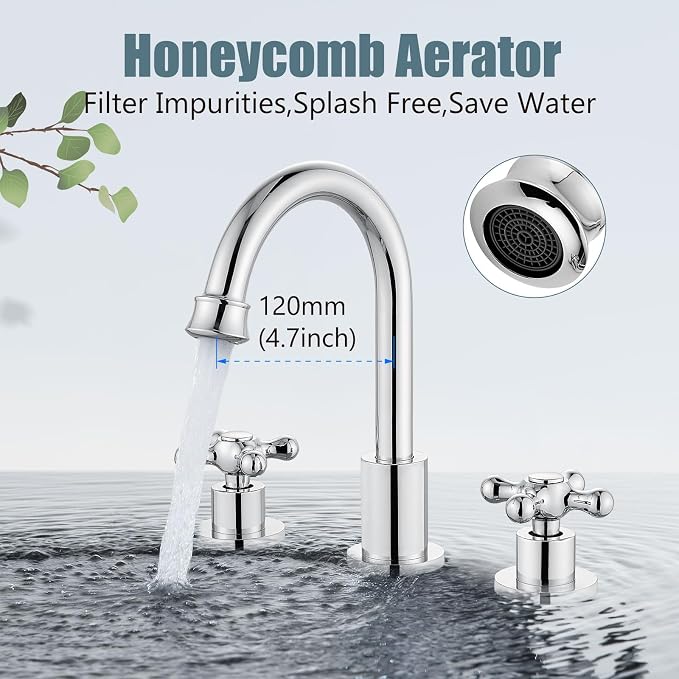 3 Hole Bathroom Sink Faucet Widespread Metal Label Polish Chrome | High-Arc Swivel Spout,Pop Up Drain,Cross Handle,cUPC Hose,for 6-16″Centerset Basin,Farmhouse,RV,Vanity,Lavatory 8" Mixer Tap
