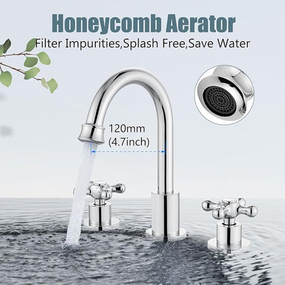3 Hole Bathroom Sink Faucet Widespread Metal Label Polish Chrome | High-Arc Swivel Spout,Pop Up Drain,Cross Handle,cUPC Hose,for 6-16″Centerset Basin,Farmhouse,RV,Vanity,Lavatory 8" Mixer Tap