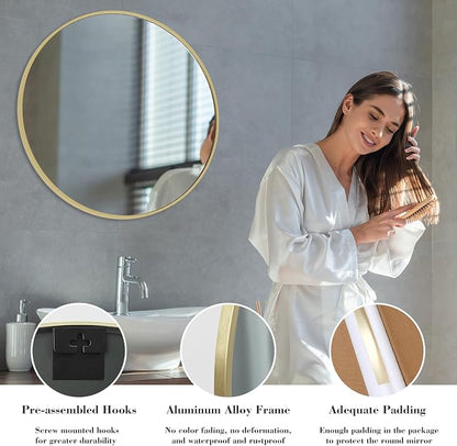 NEWBULIG 28 Inch Round Bathroom Mirror, Wall Mount Vanity Mirror | Circle Mirror for Over Sink, Matte Metal Frame, Entryway Decor, Bedroom Decor, Gold