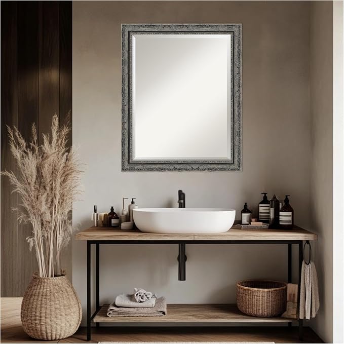 Amanti Art Black Bathroom Mirror for Over Sink, 26x32 Filigree Matte Black Rectangle Vanity Mirror, Large Traditional Frame, Hangs Horizonally and Vertically, Bathroom Wall Decor, Beveled Edge