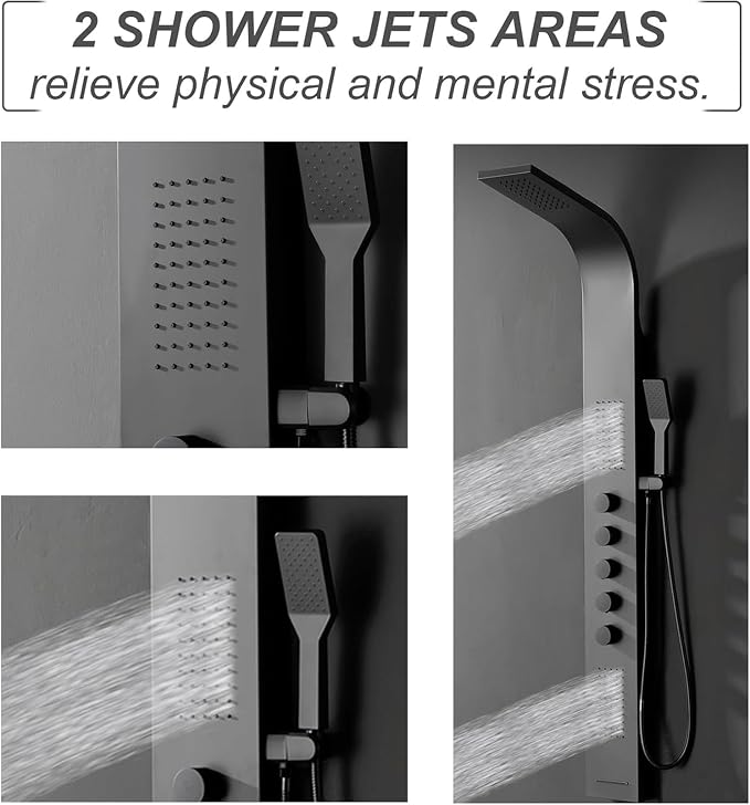 BWE Black Shower Tower Multifunction Shower Panel System | Stainless Steel Panel with Handheld Wand Rainfall Shower Head Wall Mount Shower Column