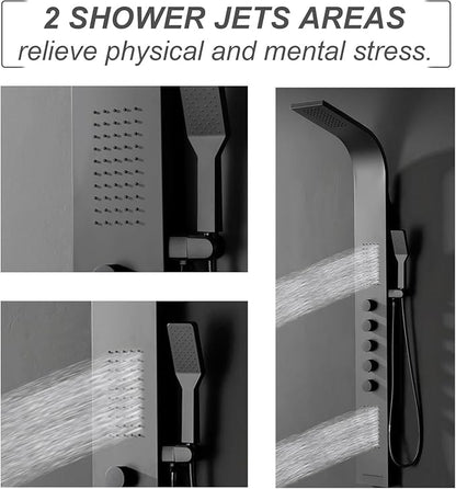 BWE Black Shower Tower Multifunction Shower Panel System | Stainless Steel Panel with Handheld Wand Rainfall Shower Head Wall Mount Shower Column