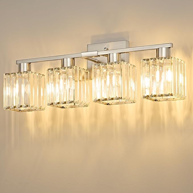 4-Light Bathroom Light Fixtures, Modern Brushed Nickel Crystal Wall Light for Bathroom,Lighting Fixtures Over Mirror