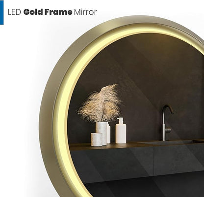 36 Inch Round LED Mirror for Bathroom, Gold Metal Frame Lighted Vanity Mirror with 3 Color Modes, Touch Dimmer - Anti-Fog Wall Mounted Circle Mirror with Lights - Fab Glass and Mirror