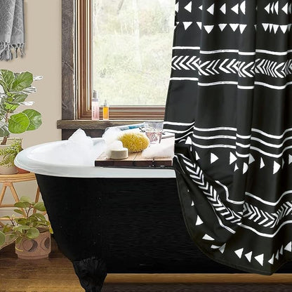 UPHOME Boho Black and White Fabric Tassel Triangle Stripes Geometric Shower Curtain Set with Hooks Chic Tribal Bathroom Decor Accessories (72X72 inch, Black)