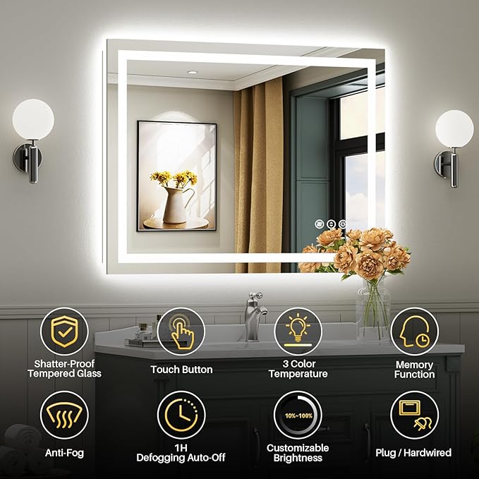 48x30 Inch LED Bathroom Mirror with Lights, Backlit & Front Lit, Anti-Fog Lighted Bathroom Vanity Mirror for Wall, Memory Function, Dimmable, HD Tempered Glass, Shatter-Proof