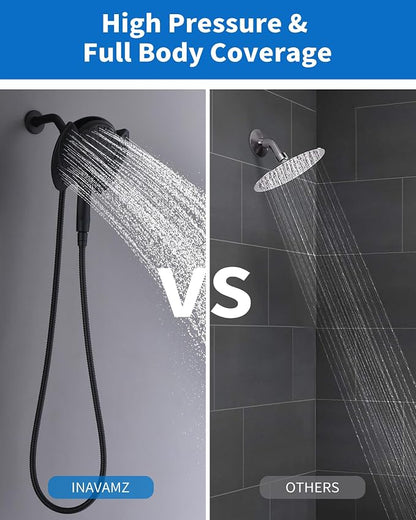 2 in 1 Shower Head with Handheld Combo High Pressure Black 2.5 GPM | 7.2" Rain Showerhead and 9 Spray Hand Held Shower, Adjustable Shower Angle, 59-inch Rotatable Stainless Steel Hose