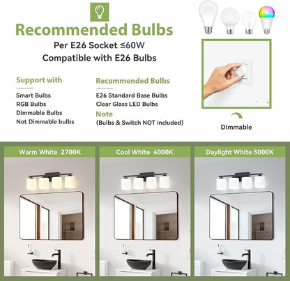 Honesorn 4-Light Vanity Lights, Matte Black Bathroom Light Fixtures | Black Bathroom Vanity Light, Wall Sconces with Milky White Frosted Shades Bedroom,E26 Socket(Bulbs Not Included)