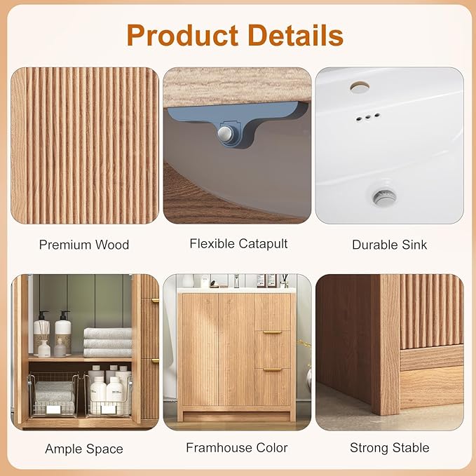 32" Modern Bathroom Vanity with Ceramic Sink, 2 Drawers & 2 Doors, Wooden Panel Design Storage Cabinet, Actual 31.5" L x 18.5" W x 35.5" H