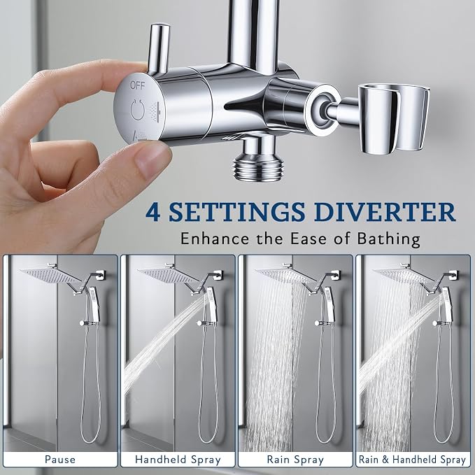 G-Promise All Metal Shower Diverter with Low Handheld Holder (Chrome) | 10 Inch Downward-Extend Bracket for All Heights, 4 Spray Modes with Pause, Anti-Leak, Easy Install, Universal Replacement