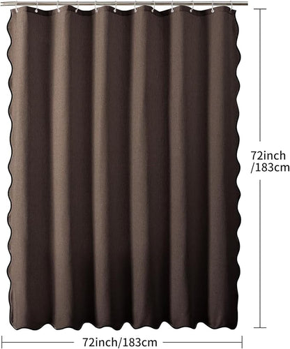 Linen Scallop Shower Curtain with 12 Clear Hooks, Waterproof, 72x72, Brown | Waterproof Heavy Duty Thick Fabric with Black Border, Minimalist Neutral Boho Farmhouse Bathroom Décor