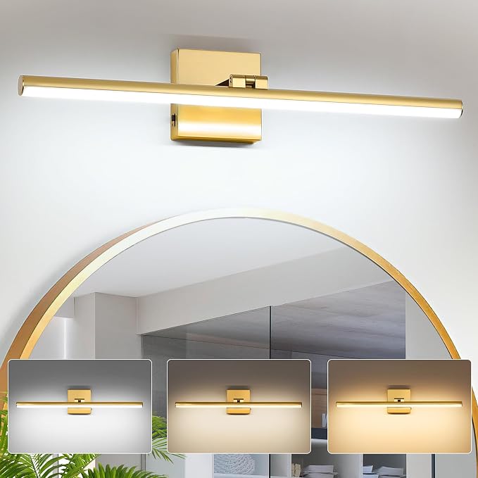 LED Bathroom Vanity Light, Modern Bathroom Light Fixture Over Mirror (3000K/4000K/6000K, Dimmable), Vanity Light Bar with Angle Adjustable, 24 Inch, Brass