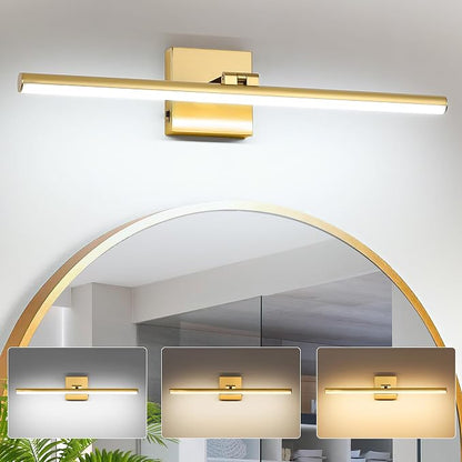LED Bathroom Vanity Light, Modern Bathroom Light Fixture Over Mirror (3000K/4000K/6000K, Dimmable), Vanity Light Bar with Angle Adjustable, 24 Inch, Brass