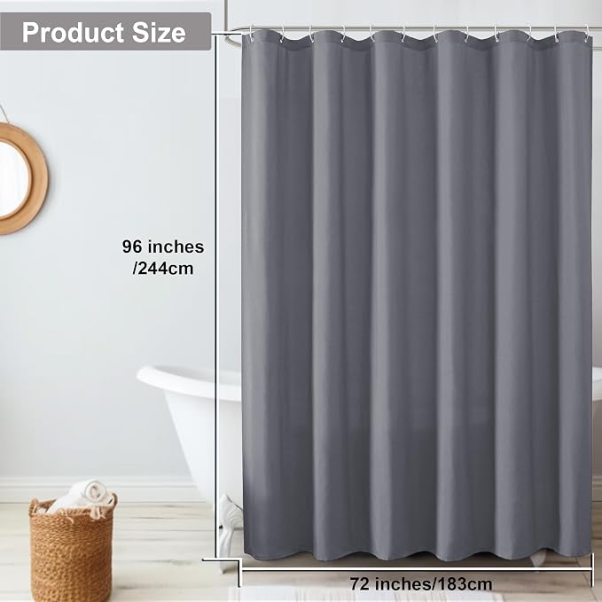 OVZME Zora 96 Inch Shower Curtain Set with 12 Plastic Hooks, Plain Fabric Grey Shower Curtain for Bathroom - Extra Long Shower Curtain, Water Resistance, Machine Washable Soft Cloth, 72WX96L, Grey
