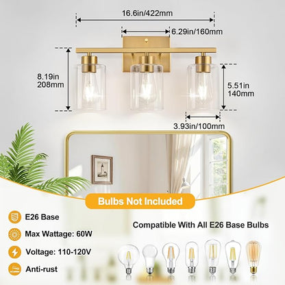 3-Light Brushed Gold Bathroom Vanity Light, Modern Bathroom Light Fixture with Clear Glass Shades, Wall Sconce for Mirror, Kitchen, Bedroom, Living Room, Hallway