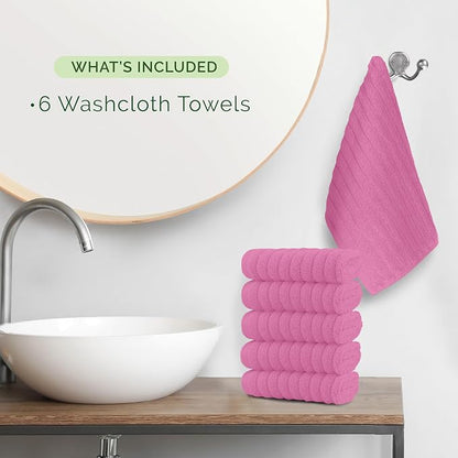 Elegant Comfort 100% Turkish Cotton Corduroy Ribbed Luxury Washcloths 6 Pack Soft 13 x 13 Inch - Higly Absorbent, Durable, Quick Dry, Spa Premium Hotel Quality for Bathroom or Travel, Light Pink