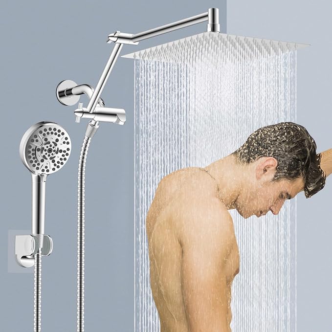 12" Metal Rain Shower Head with Handheld, High-Pressure Showerhead,10-Mode | Chrome, Rainfall Shower Head with 5" Large Handheld Spray, Adjustable 16" Shower Extension Arm/71" Hose, Brass 3-Way Diverter