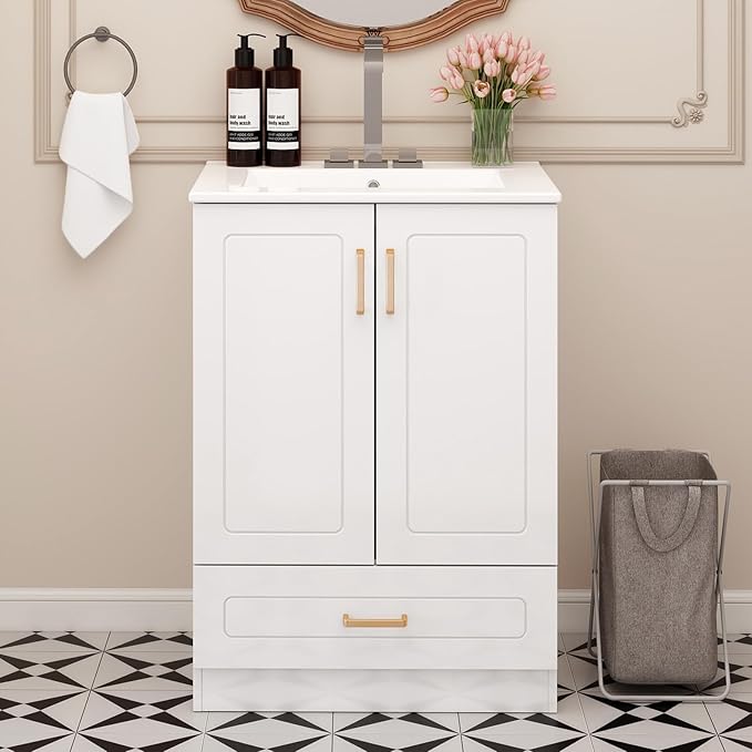 Sweetcrispy 24" Modern Bathroom Vanity with Ceramic Basin, Undermount Vanity Sink Cabinet with 2 Doors and 1 Drawer, Free Standing Bathroom Storage Cabinet with Sink Combo Set, Ivory