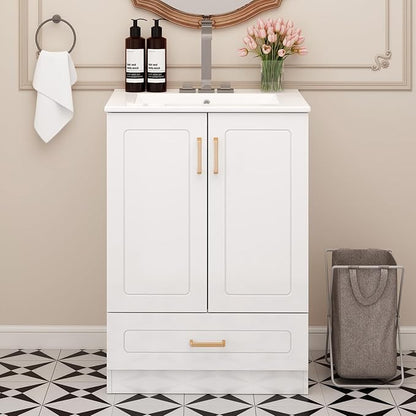 Sweetcrispy 24" Modern Bathroom Vanity with Ceramic Basin, Undermount Vanity Sink Cabinet with 2 Doors and 1 Drawer, Free Standing Bathroom Storage Cabinet with Sink Combo Set, Ivory