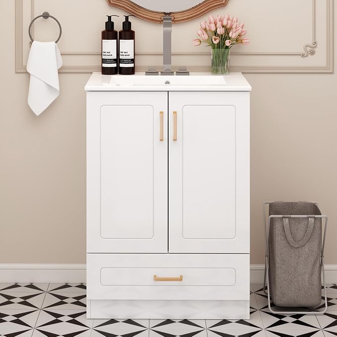 DUMOS 24'' Modern Bathroom Vanity Cabinet, Freestanding Bathroom Storage | Set with Smooth Ceramic Undermount Sink Basin, 2 Cabinet Doors and 1 Drawer Design, Easy Assmble Furniture, No Faucet, Ivory