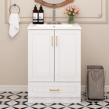 DUMOS 24'' Modern Bathroom Vanity Cabinet, Freestanding Bathroom Storage | Set with Smooth Ceramic Undermount Sink Basin, 2 Cabinet Doors and 1 Drawer Design, Easy Assmble Furniture, No Faucet, Ivory