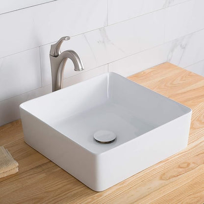KRAUS Viva™ Square White Porcelain Ceramic Vessel Bathroom Sink with Pop-Up Drain, 15 5/8 in. L x 15 5/8 in. W x 5 1/8 in. H, KCV-202GWH
