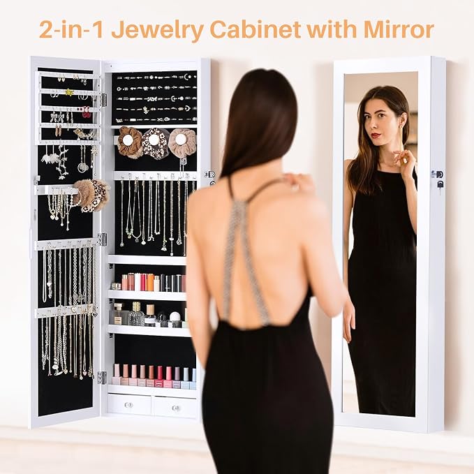 Jewelry Organizer Cabinet, Wall or Door Mounted 47.2-Inch Lockable Jewelry Armoire with Full-Length Mirror, 6 LEDs Large Capacity Jewelry Storage, White