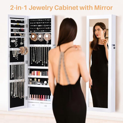 Jewelry Organizer Cabinet, Wall or Door Mounted 47.2-Inch Lockable Jewelry Armoire with Full-Length Mirror, 6 LEDs Large Capacity Jewelry Storage, White