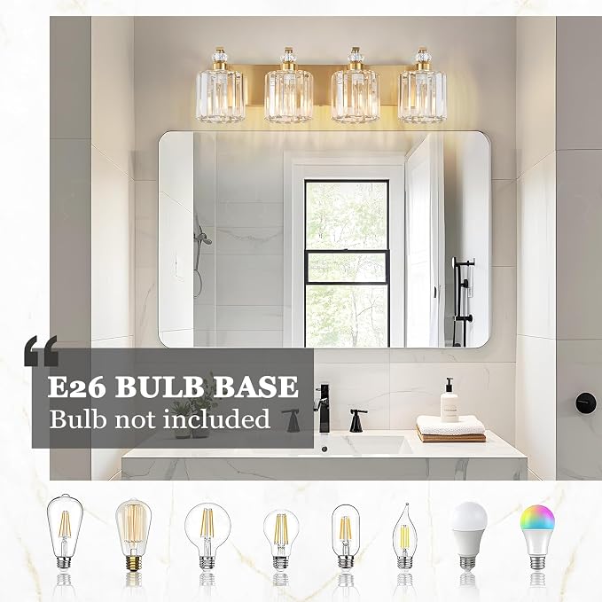 4-Lights Brushed Brass Bathroom Light Fixture Gold Vanity Lights Modern Crystal Bathroom Vanity Lighting Over Mirror Wall Sconce with K9 Crystal Shade E26 Base for Living Room, Bedroom Wall Lamp