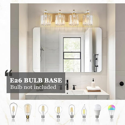 4-Lights Brushed Brass Bathroom Light Fixture Gold Vanity Lights Modern Crystal Bathroom Vanity Lighting Over Mirror Wall Sconce with K9 Crystal Shade E26 Base for Living Room, Bedroom Wall Lamp