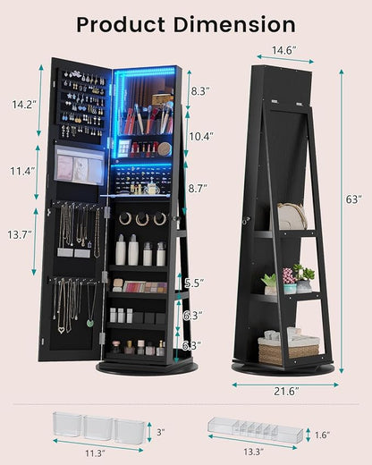 Vlsrka 360° Swivel Mirror Jewelry Cabinet, Lockable Jewelry Armoire, Black | Standing Jewelry Cabinet with Lights, Framelss Mirror with Storage, Foldable Makeup Shelf, Interior Mirror, Gift for Women
