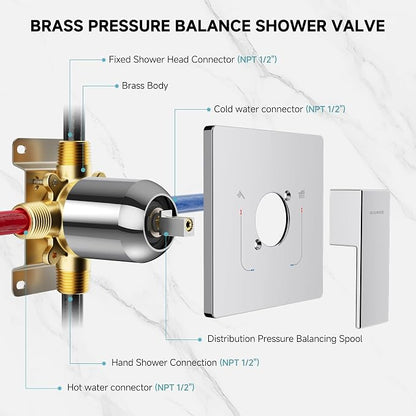 SR SUN RISE Shower Faucet Set & System - 12 Inch Rainfall Shower Head & Handle Set Wall Mounted Polished Chrome Solid Brass Valve Trim Kit Included